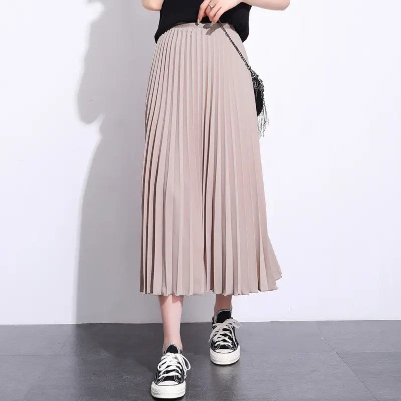 Solid Pleated Ankle Length Skirt_Appricot:khaki