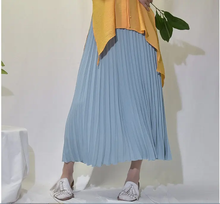 Solid Pleated Ankle Length Skirt-_Light blue