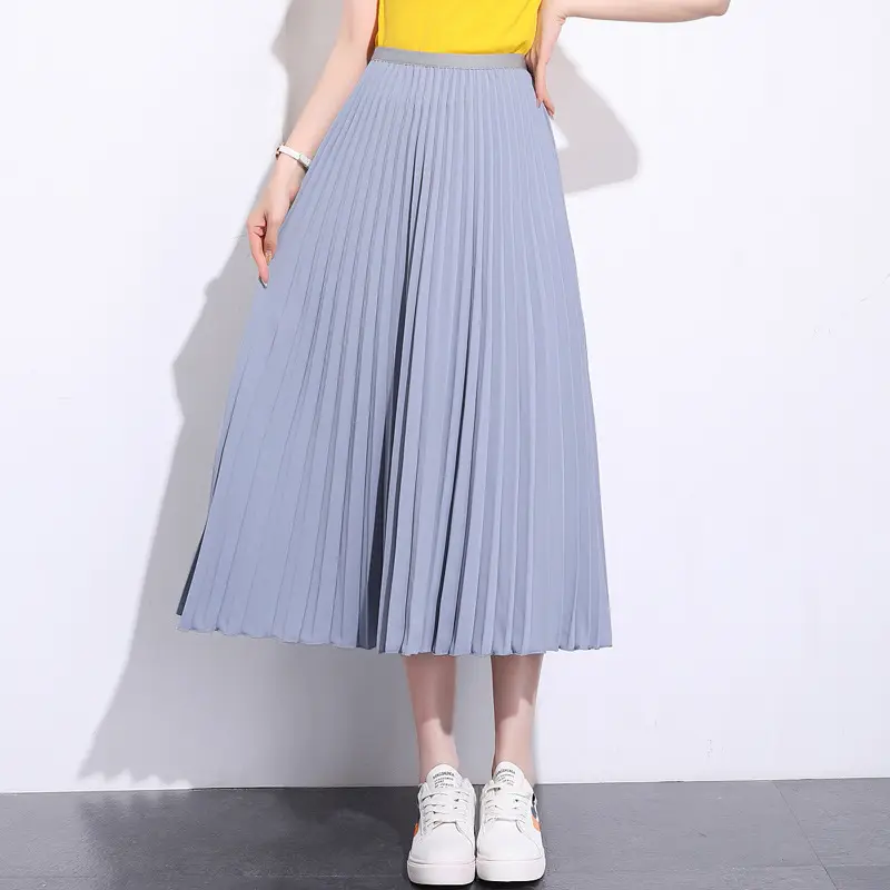 Solid Pleated Ankle Length Skirt-_Light Gray blue