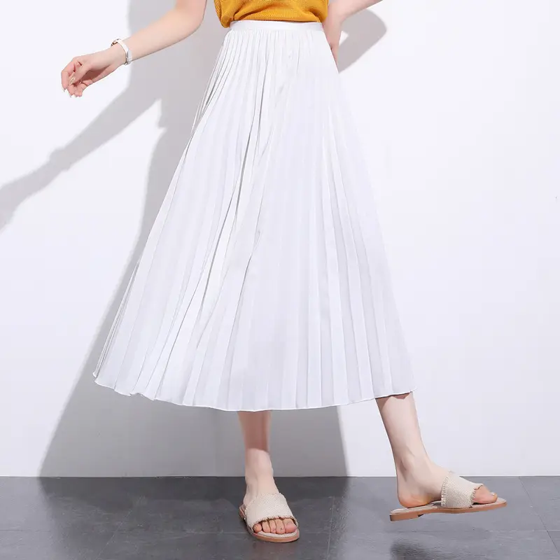 Solid Pleated Ankle Length Skirt-_White