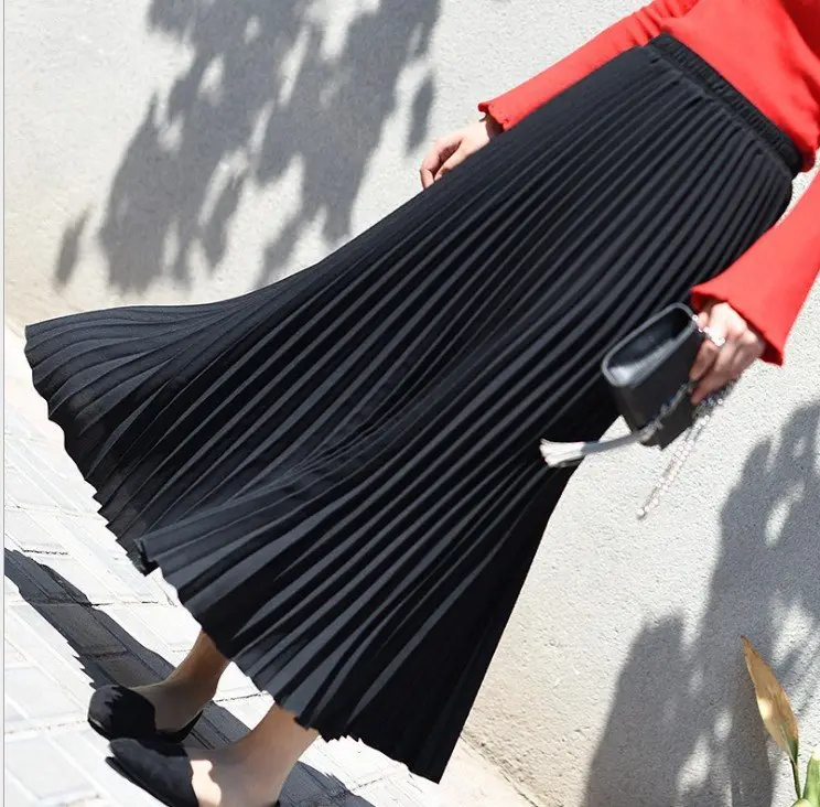 Solid Pleated Ankle Length Skirt-_Black 2