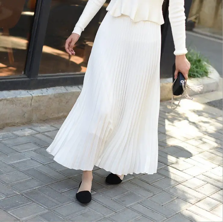 Solid Pleated Ankle Length Skirt-_White 2