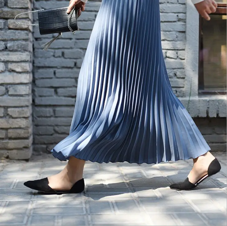 Solid Pleated Ankle Length Skirt-_Extra