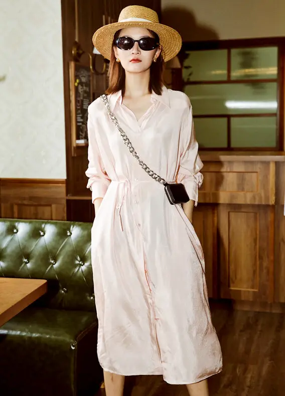 Pale Pink Printed Silky Long Sleeve Shirt Dress_4-2