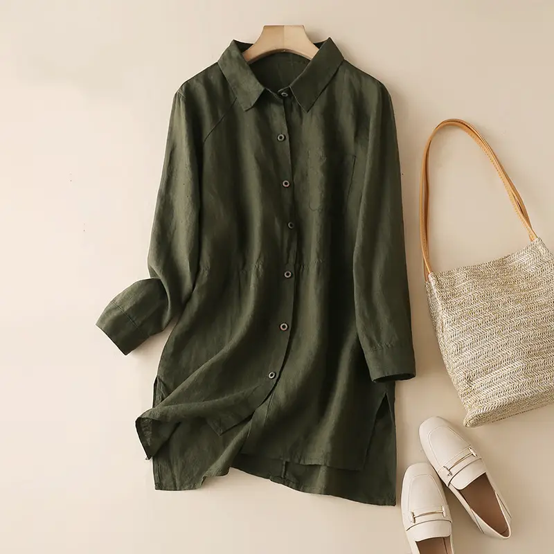 Long Sleeve Linen Blouse_8_Army Green