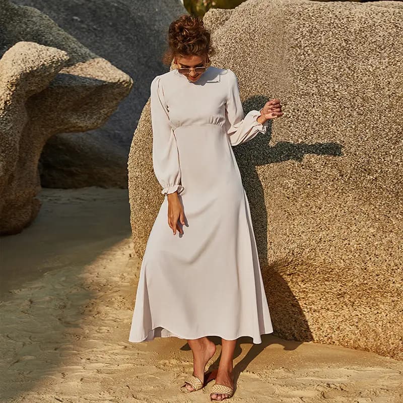 Long Sleeve Solid Ankle-Length Dress_3