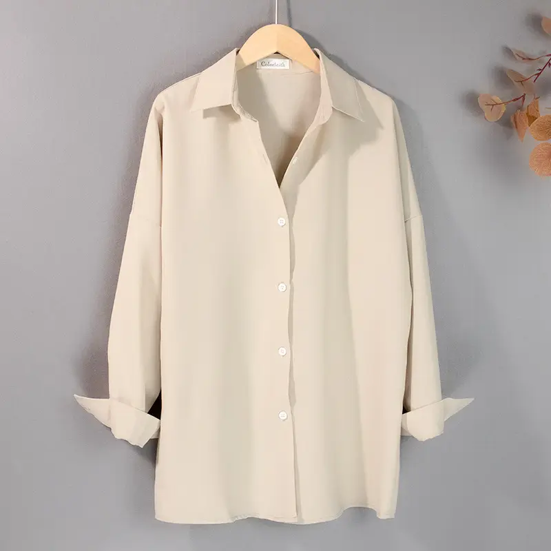 Button Up Plain Basic Blouse_4_Biege