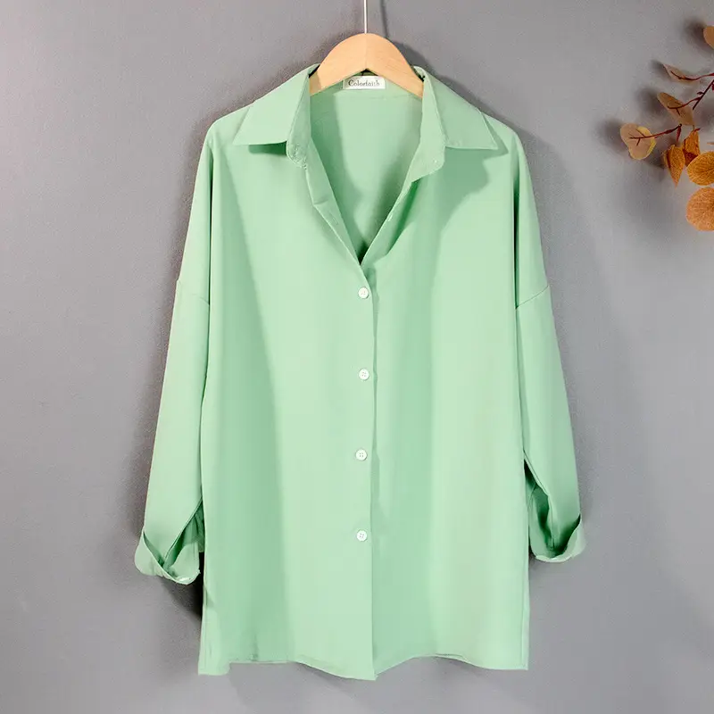 Button Up Plain Basic Blouse_2_Green