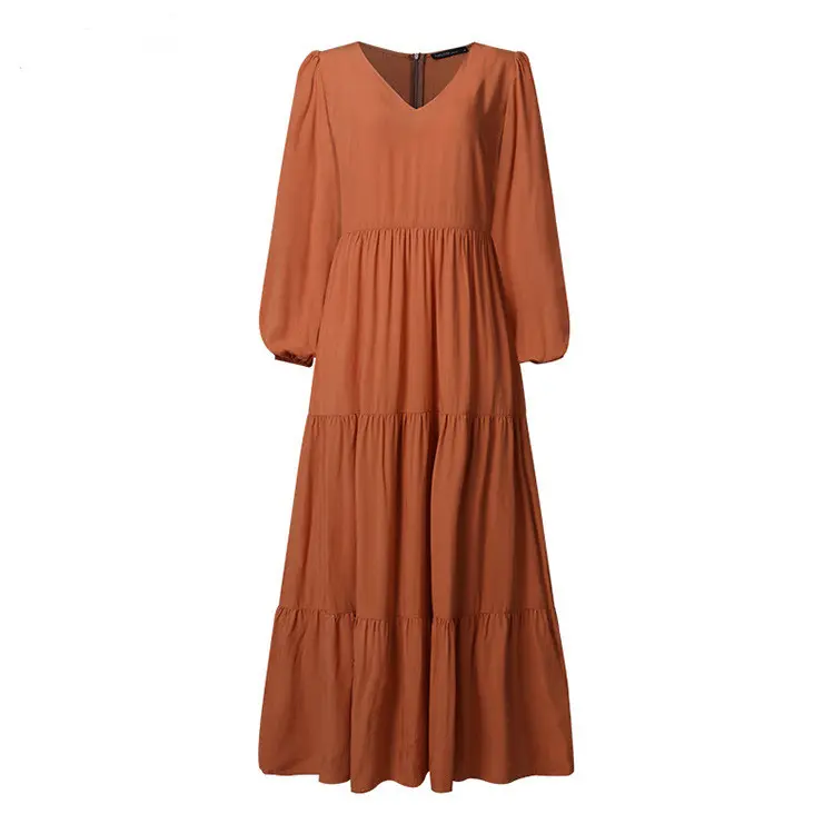 V-Neck Solid Tiered Maxi Dress_1_Brown