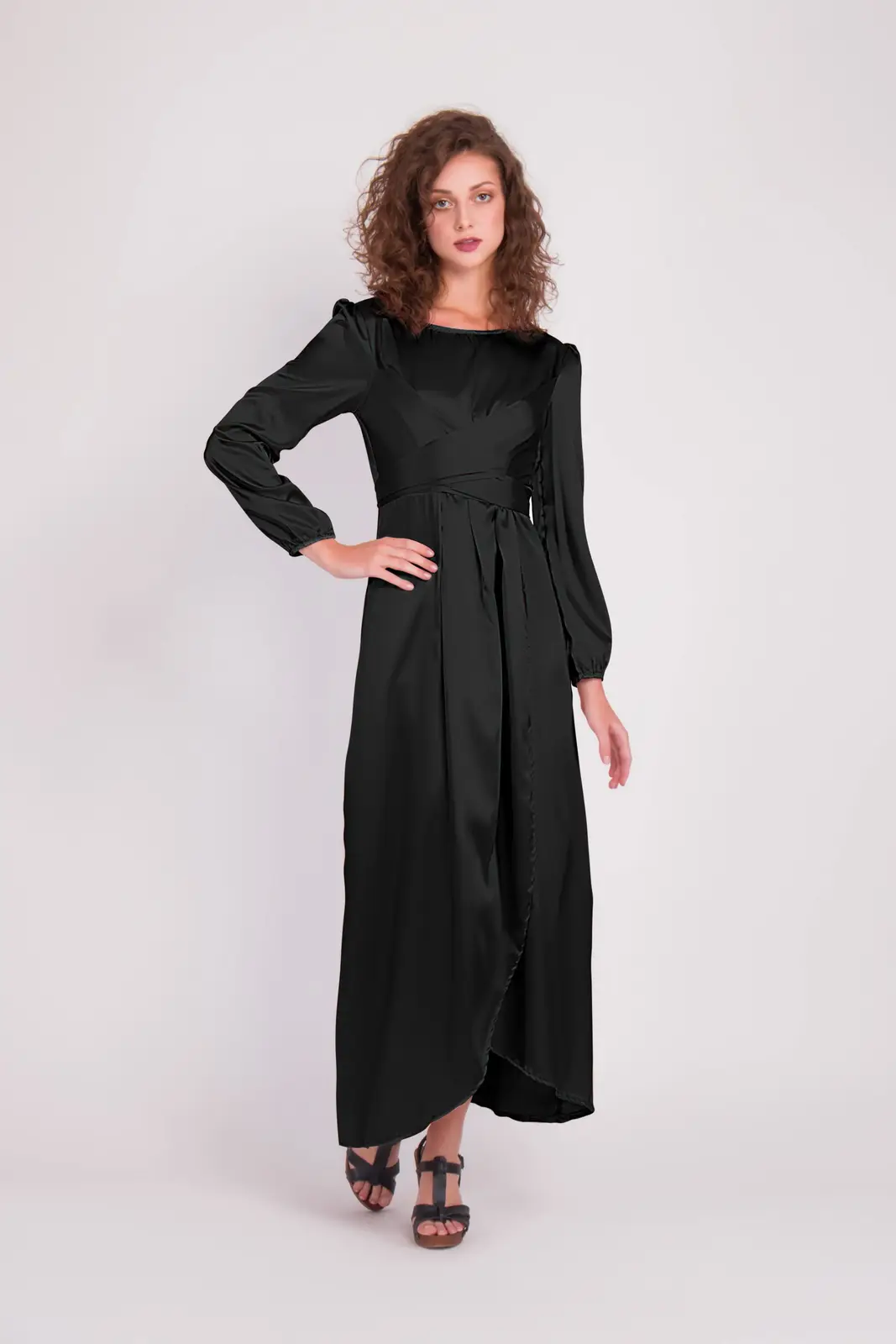 Satin Wrap Maxi Dress With Puff Sleeves – black
