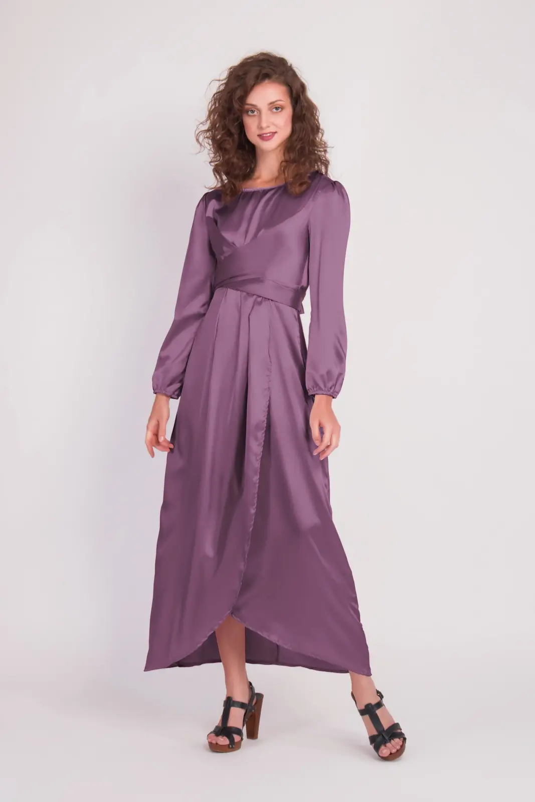 Satin Wrap Maxi Dress With Puff Sleeves – purple