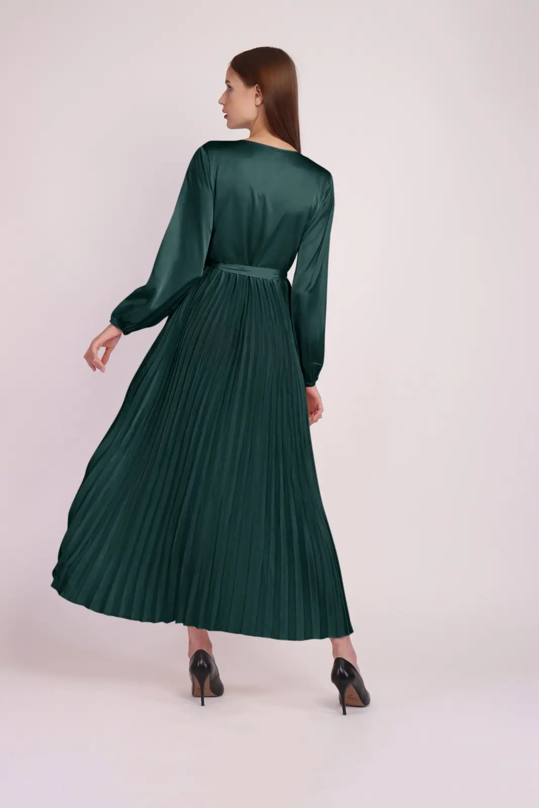 Long Sleeve Pleated Satin Maxi Dress-10