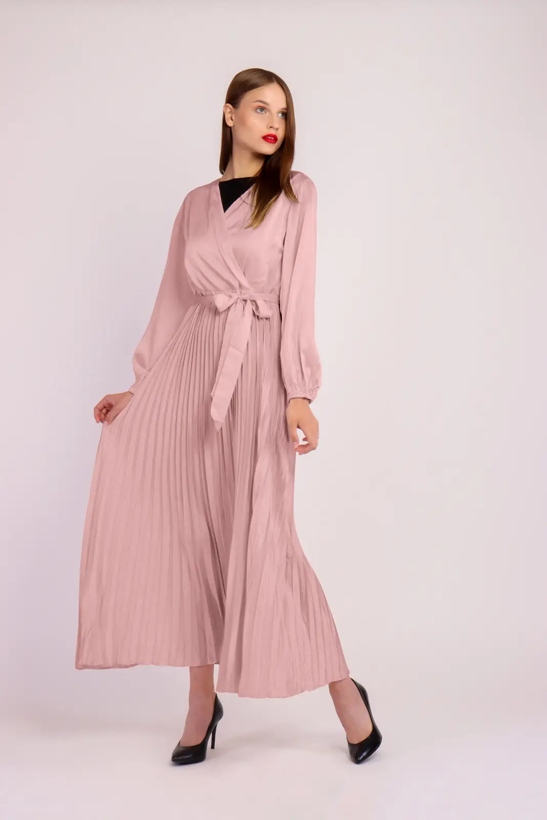 Long Sleeve Pleated Satin Maxi Dress-Pink