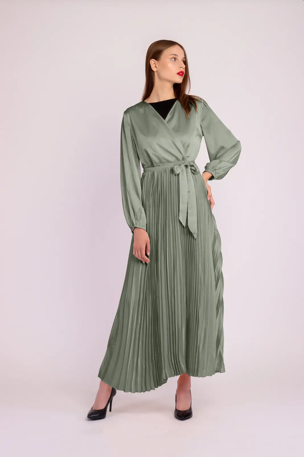 Long Sleeve Pleated Satin Maxi Dress-Gray Green