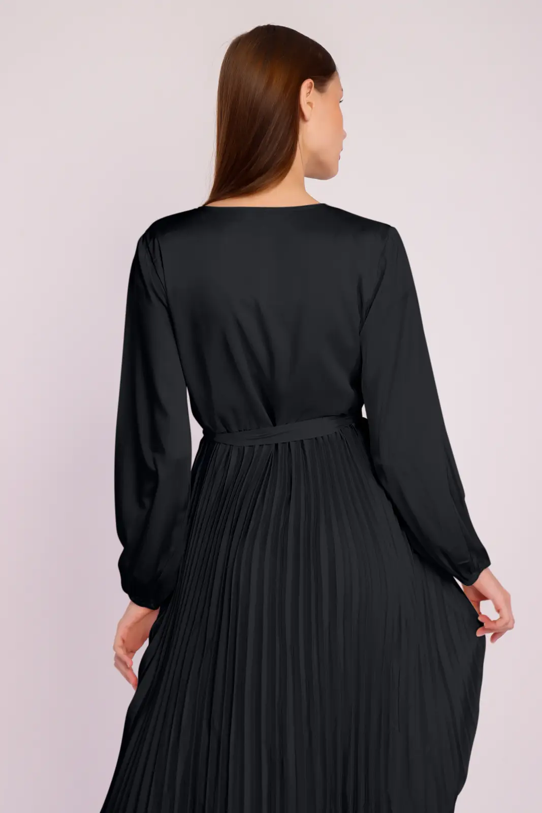 Long Sleeve Pleated Satin Maxi Dress-14