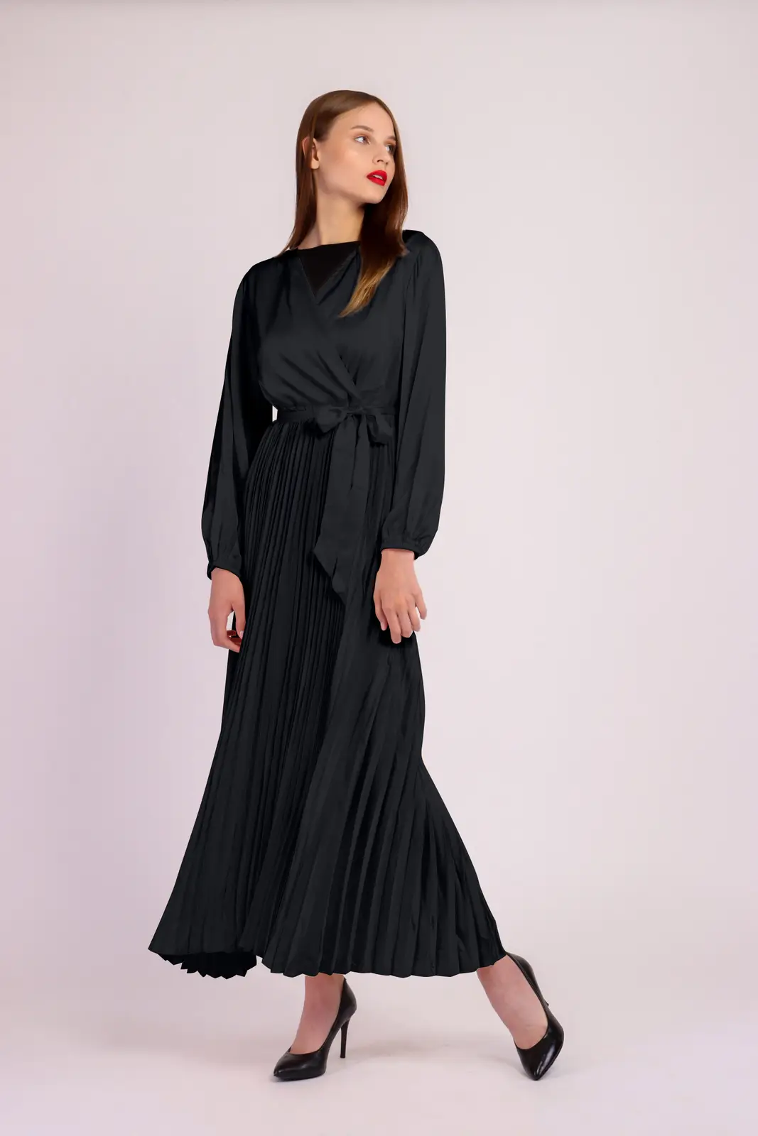 Long Sleeve Pleated Satin Maxi Dress-Black