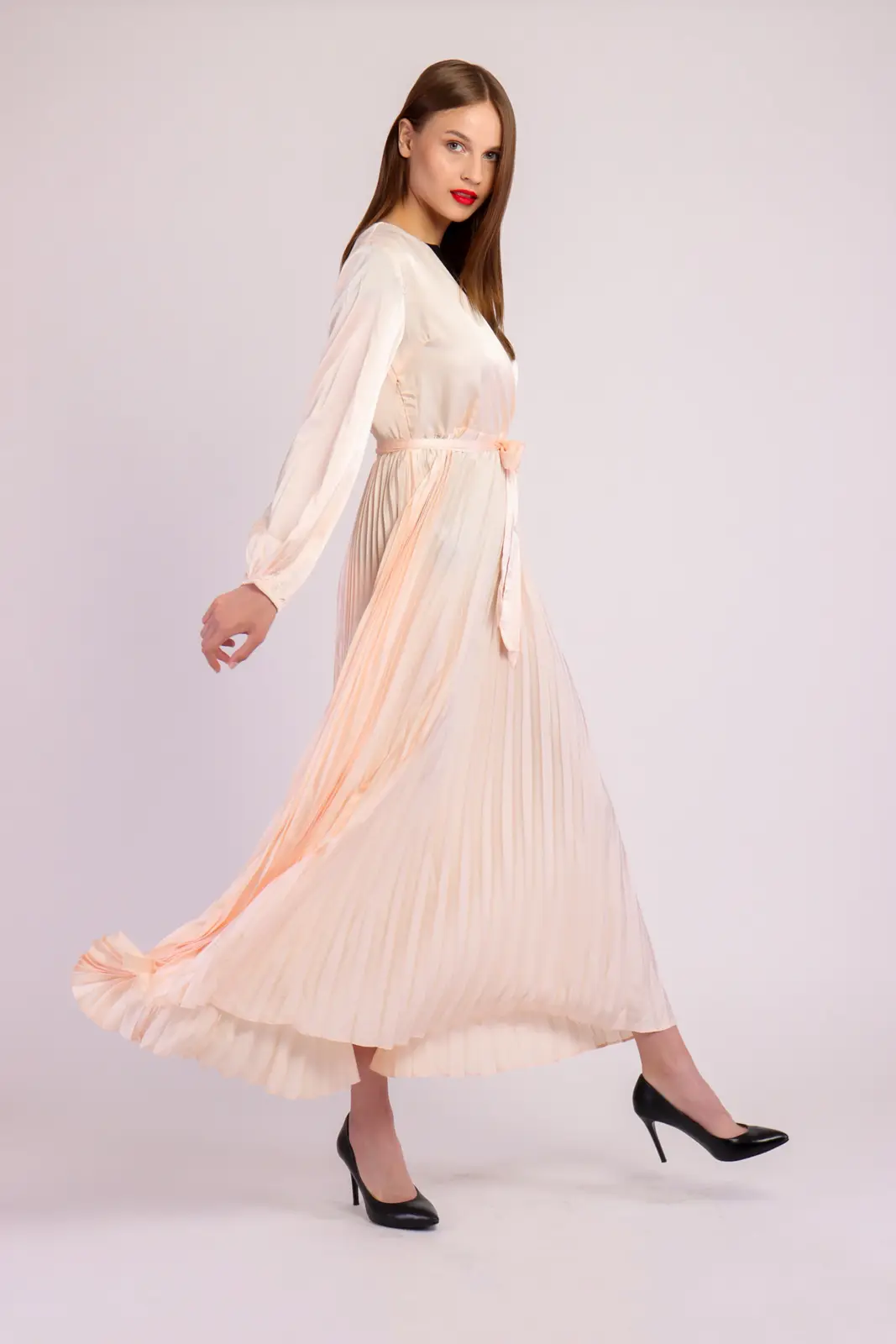 Long Sleeve Pleated Satin Maxi Dress-16