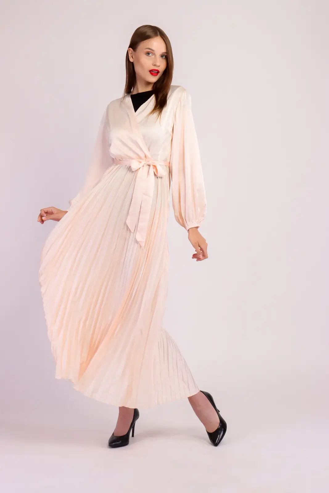 Long Sleeve Pleated Satin Maxi Dress-17