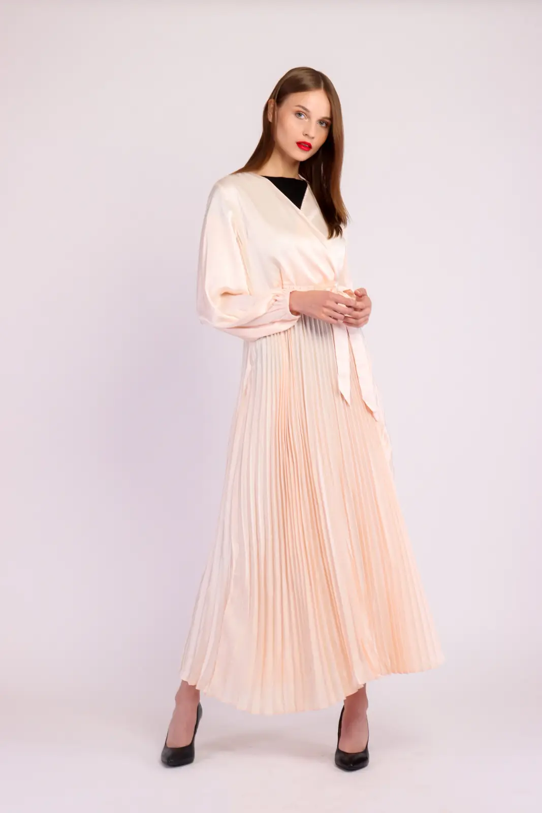 Long Sleeve Pleated Satin Maxi Dress-Apricot