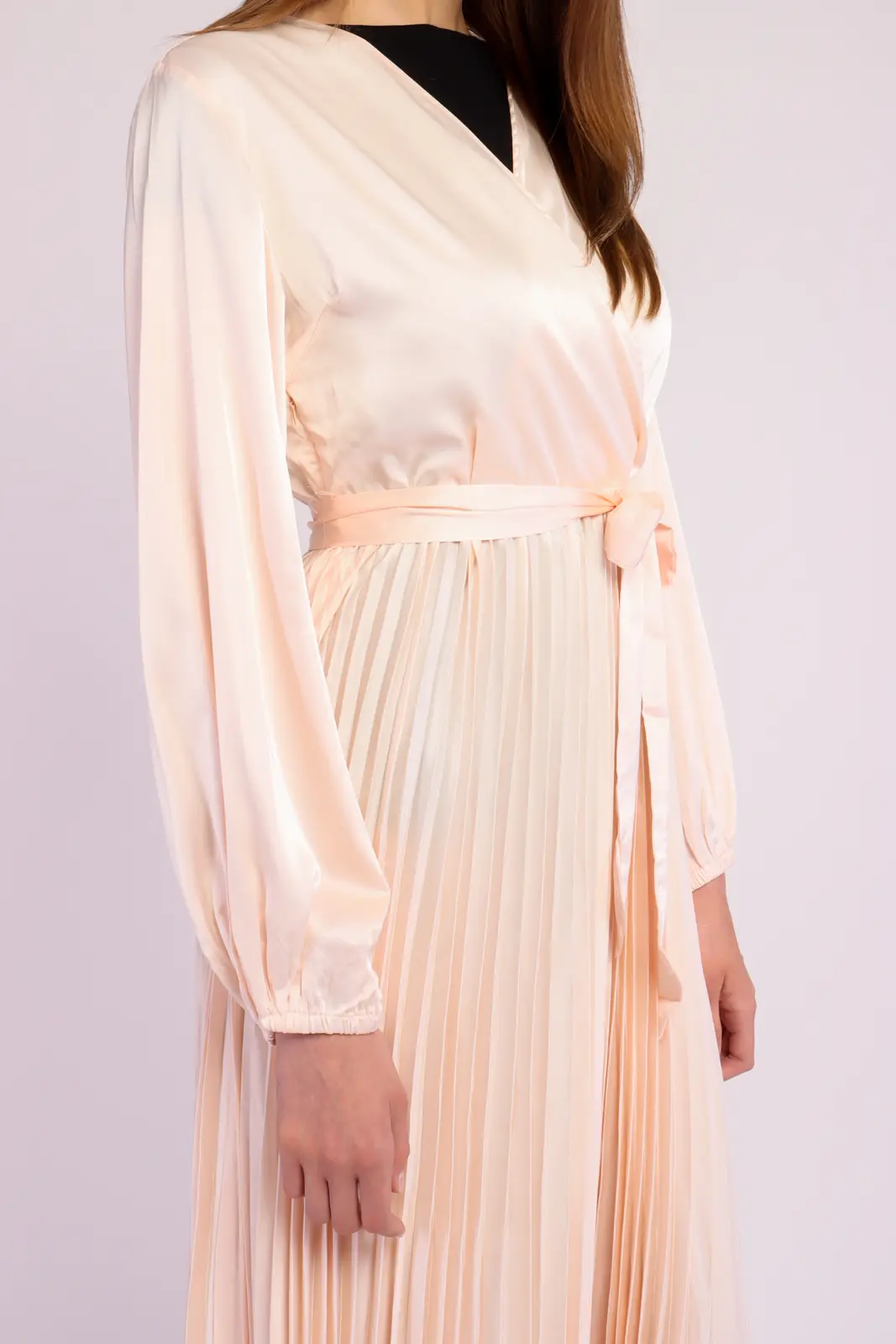 Long Sleeve Pleated Satin Maxi Dress-19