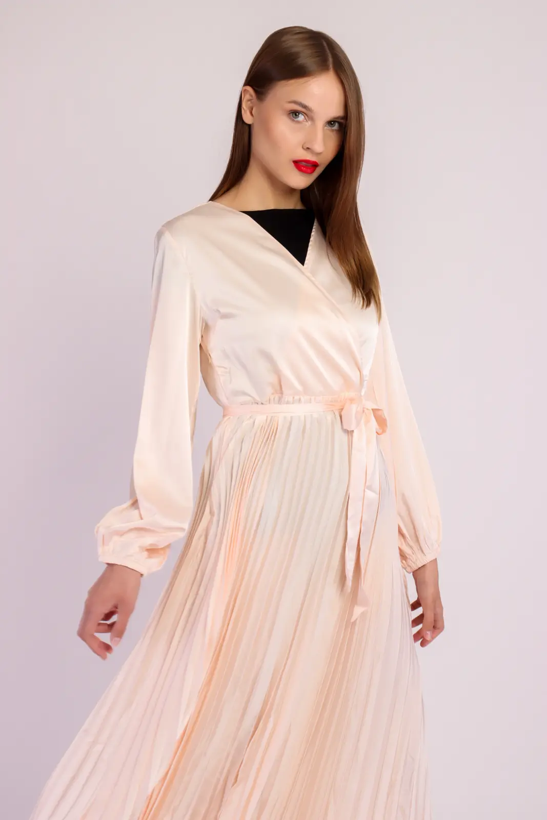 Long Sleeve Pleated Satin Maxi Dress-20