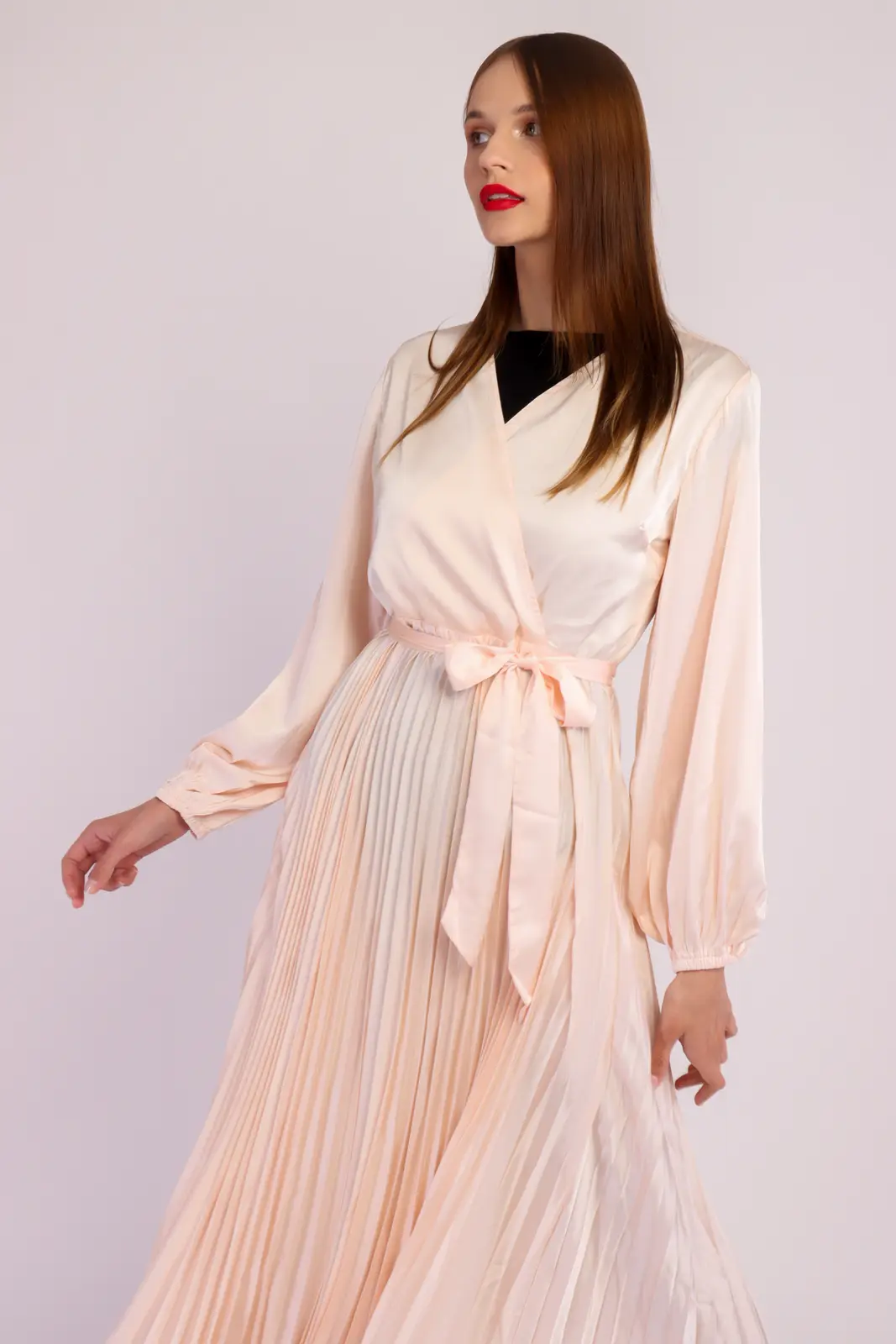 Long Sleeve Pleated Satin Maxi Dress-21