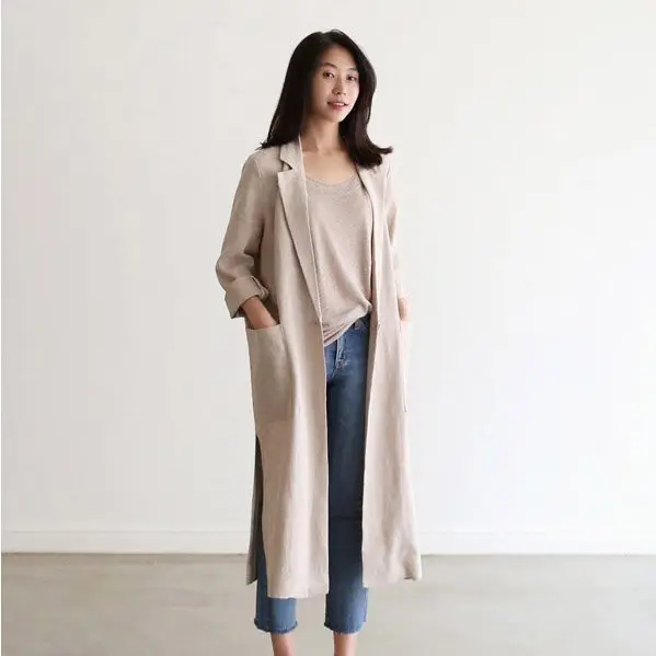 Womens Lapel Neck Long Sleeve Linen Jacket – Featured image
