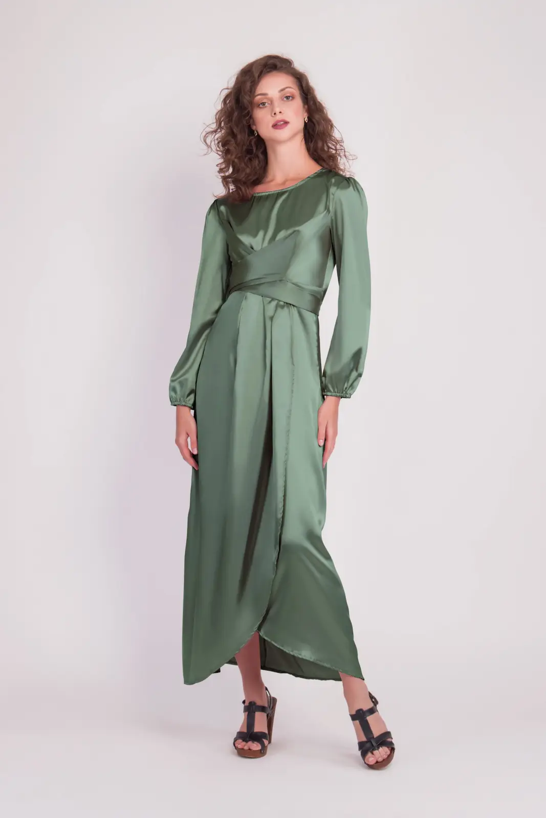 Satin Wrap Maxi Dress With Puff Sleeves-Green