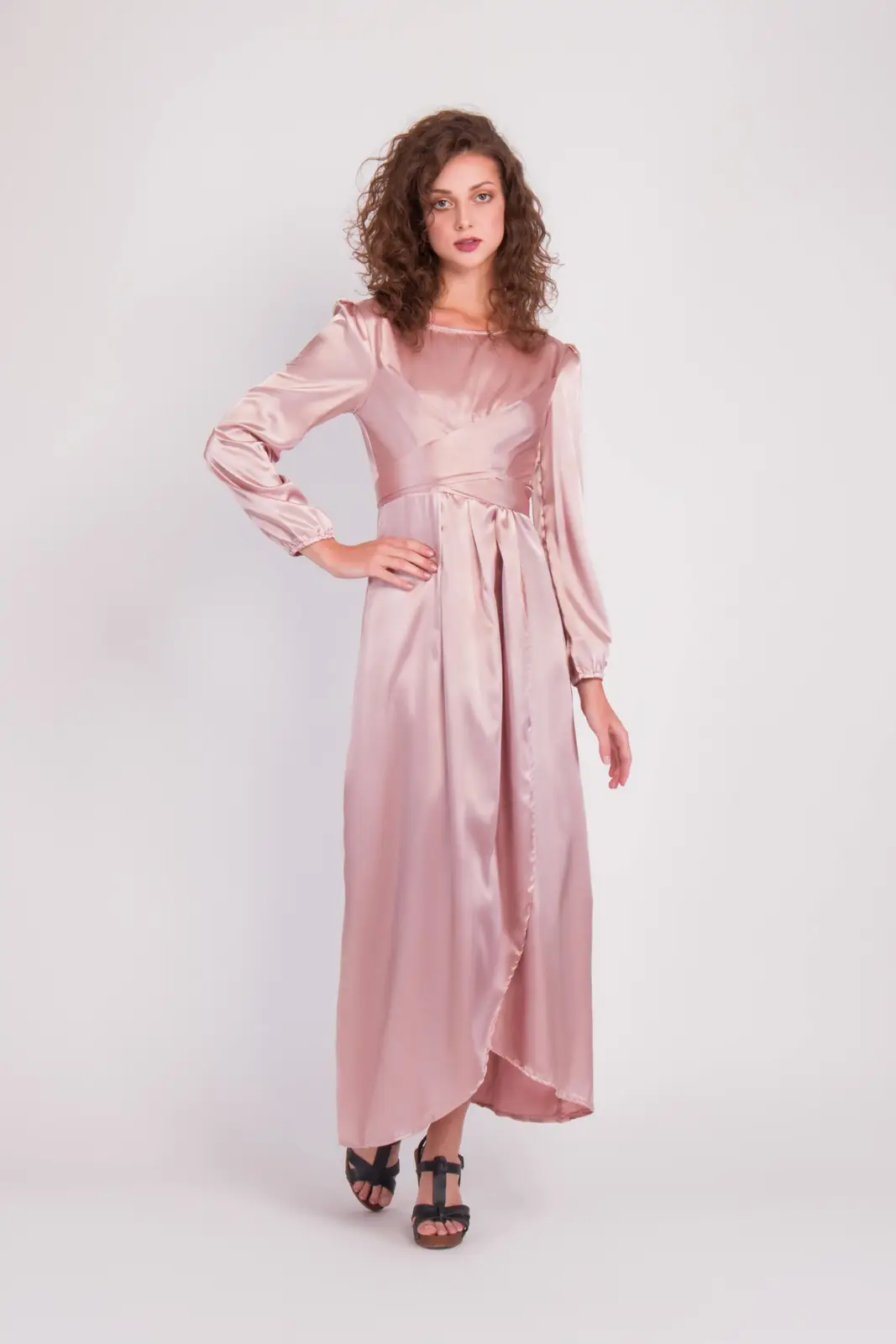 Satin Wrap Maxi Dress With Puff Sleeves-30