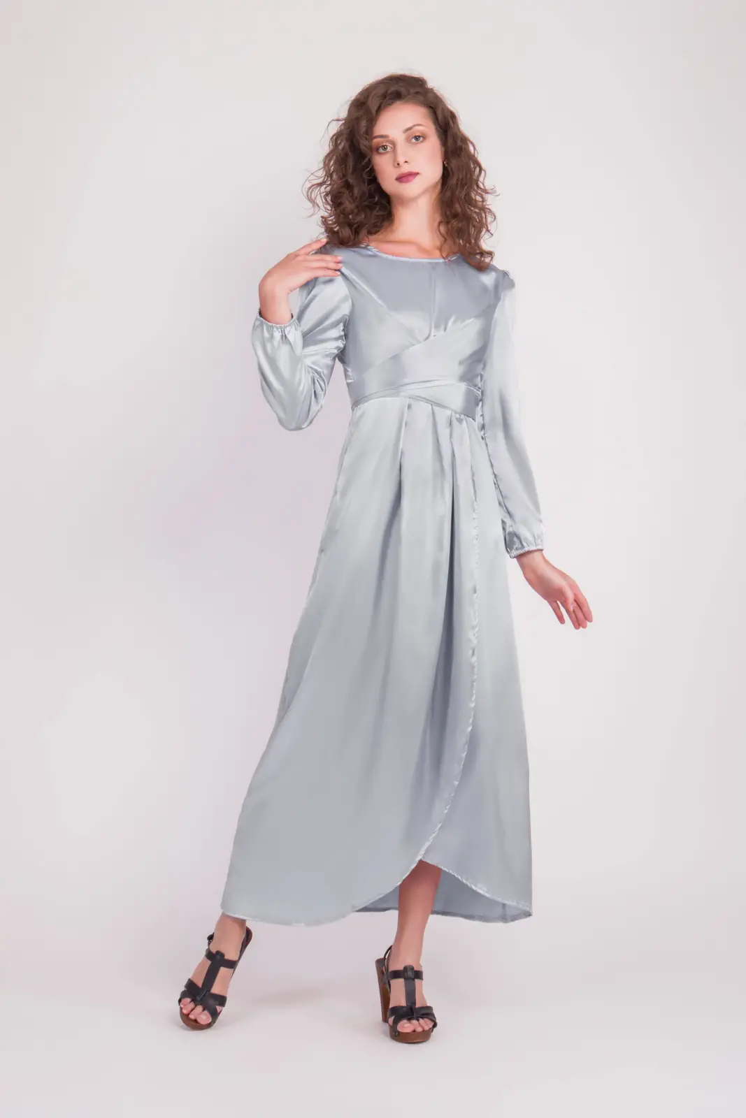 Satin Wrap Maxi Dress With Puff Sleeves-31