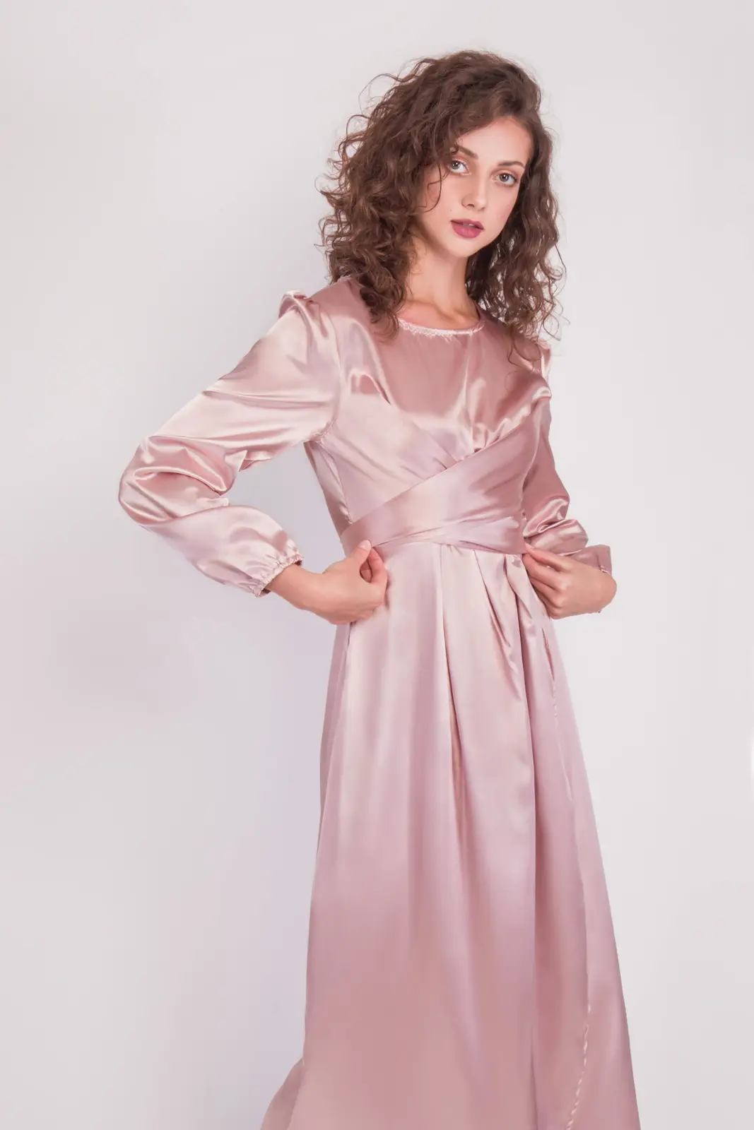Satin Wrap Maxi Dress With Puff Sleeves-32
