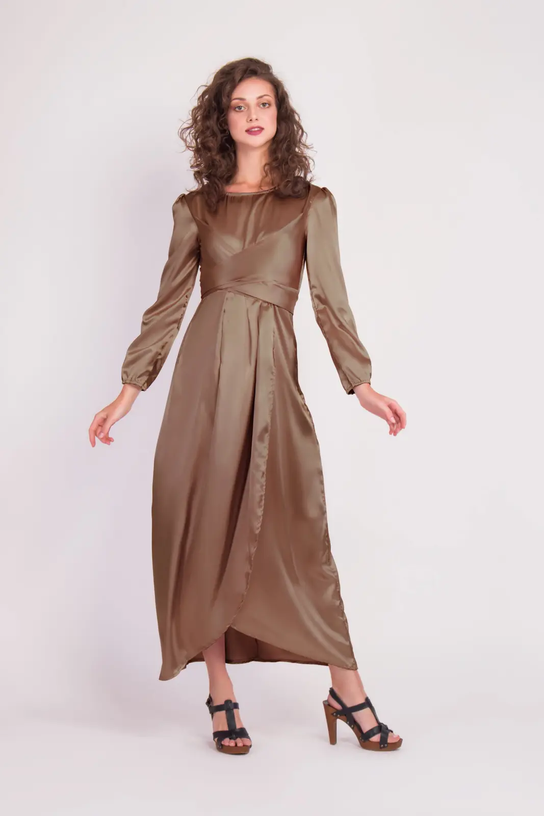 Satin Wrap Maxi Dress With Puff Sleeves-34