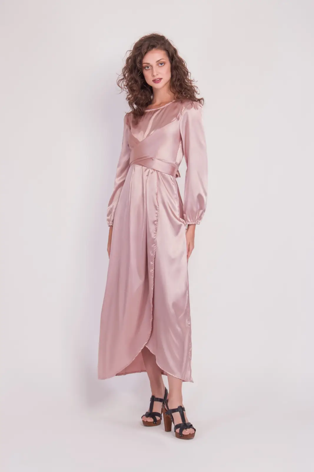 Satin Wrap Maxi Dress With Puff Sleeves-36