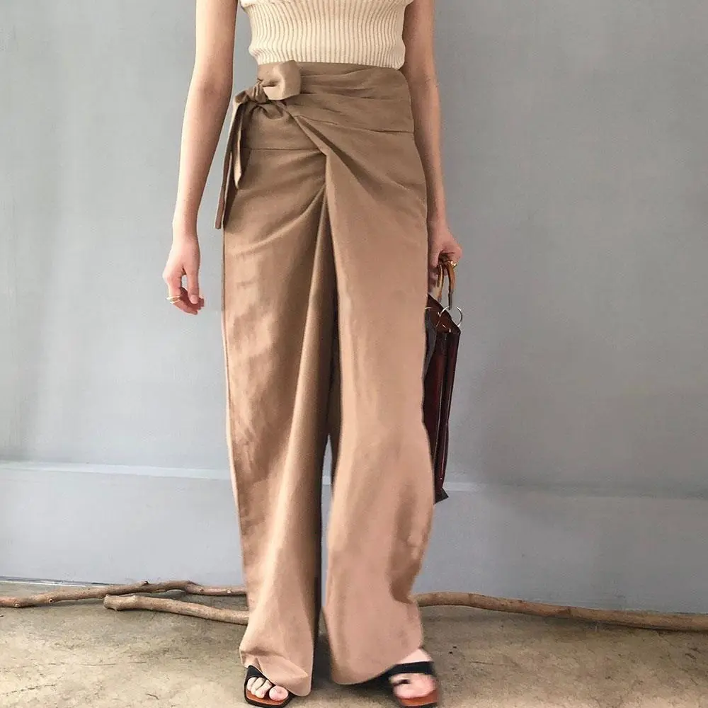 Linen Wide-Leg Wrap Tie Palazzo Pants_8_Khaki