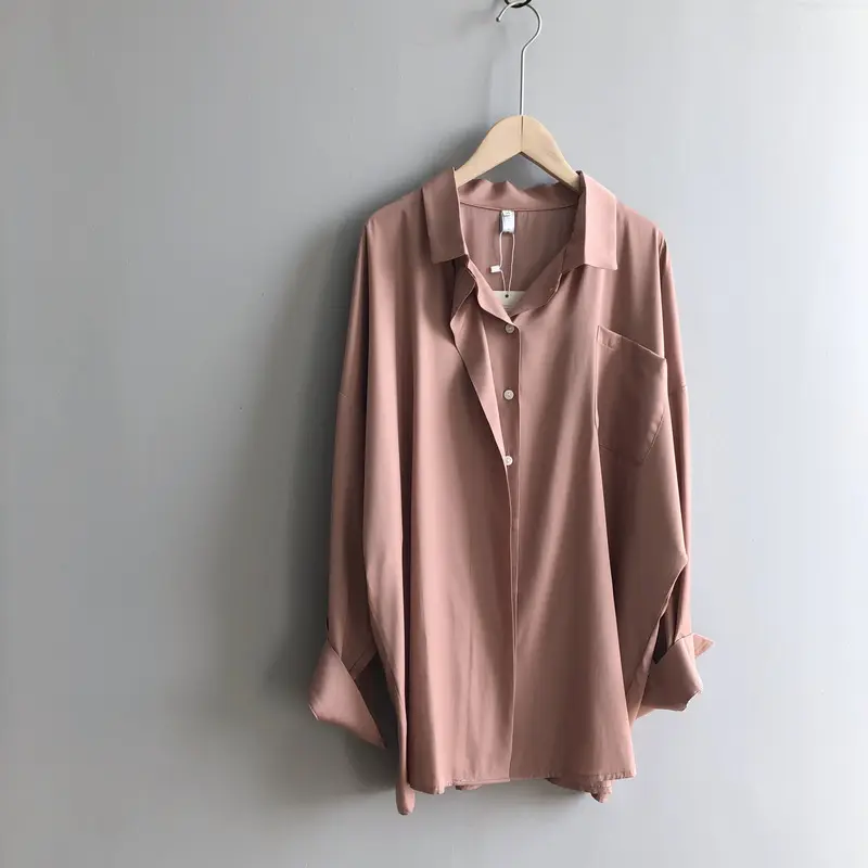 Spring Button Up Loose Long Sleeve Blouse_1_pink