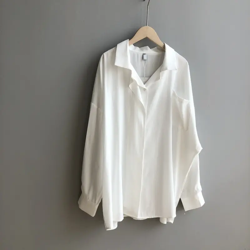Spring Button Up Loose Long Sleeve Blouse_2_White