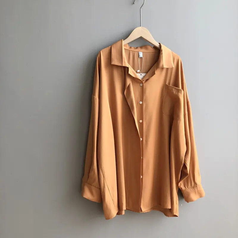 Spring Button Up Loose Long Sleeve Blouse_4_Orange