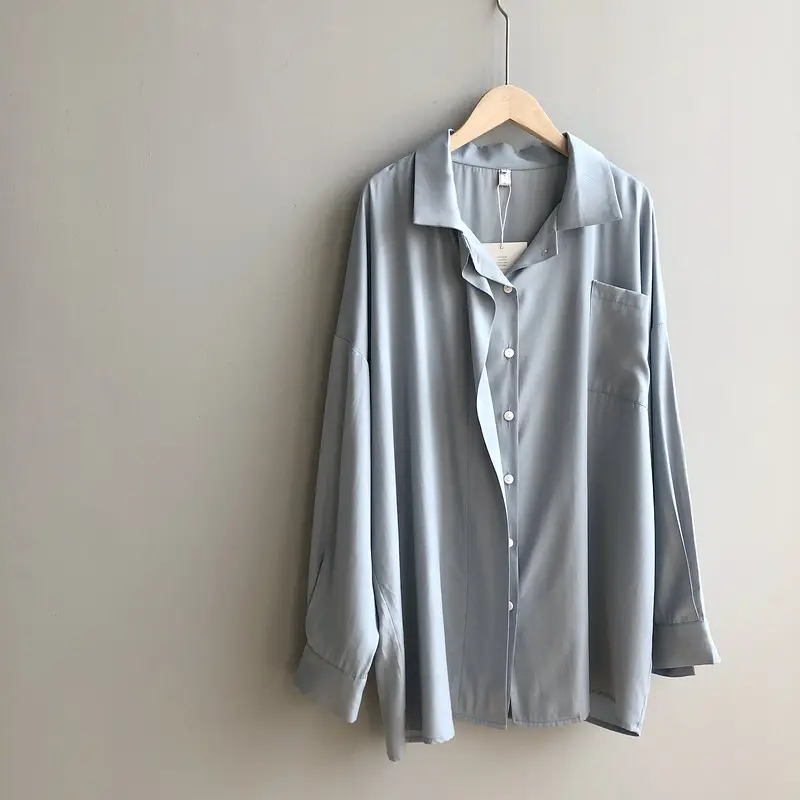 Spring Button Up Loose Long Sleeve Blouse_5-Blue