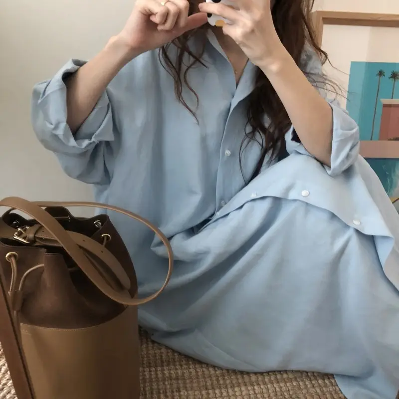 Casual Button Front Shirt Dress_Sky blue