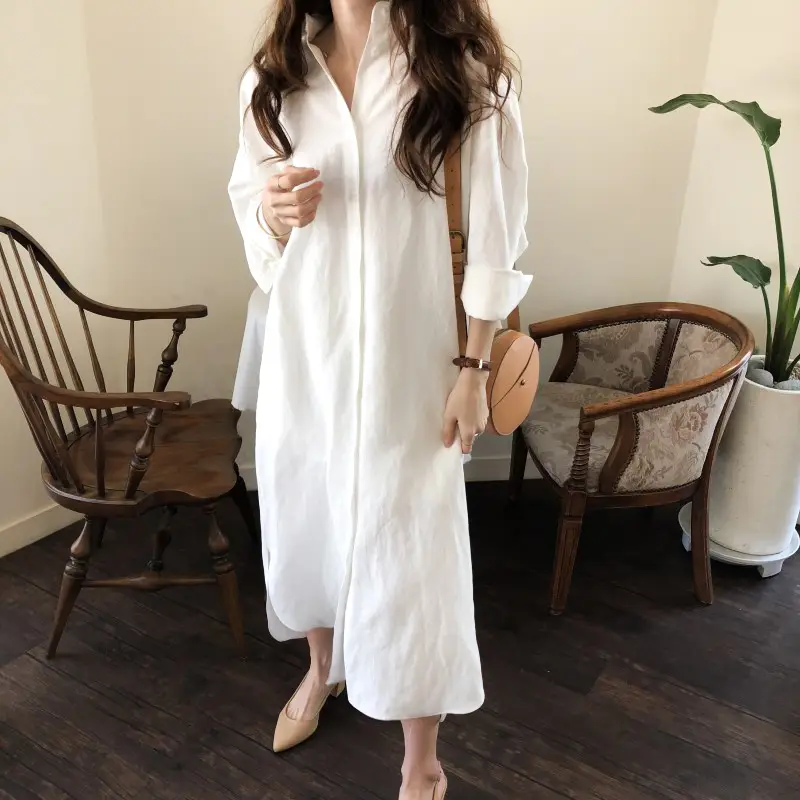 Casual Button Front Shirt Dress_White