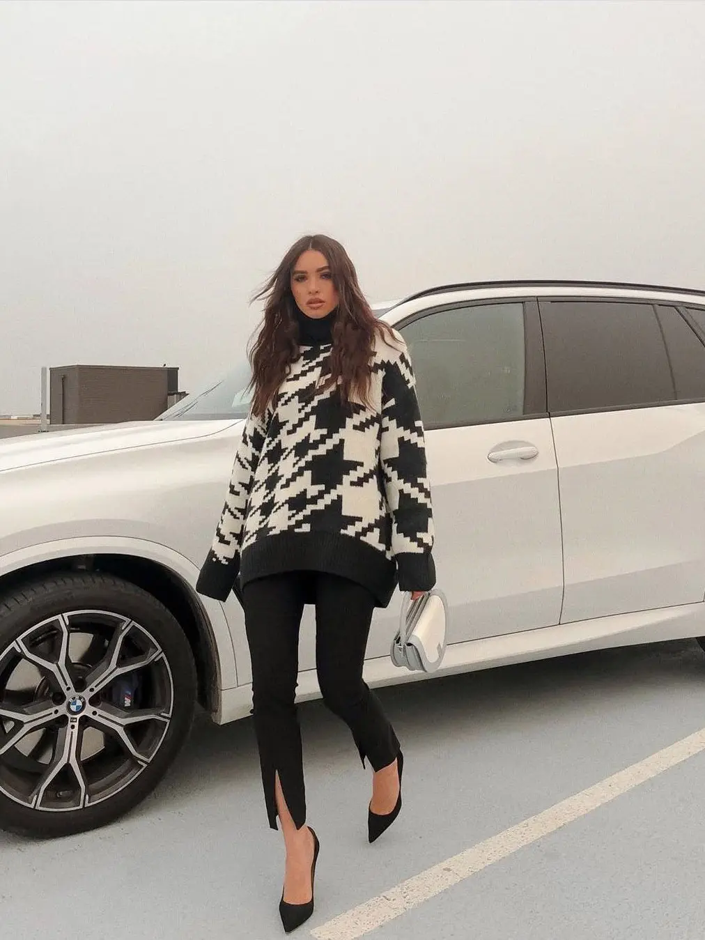 Houndstooth Print Knitted Sweater_3