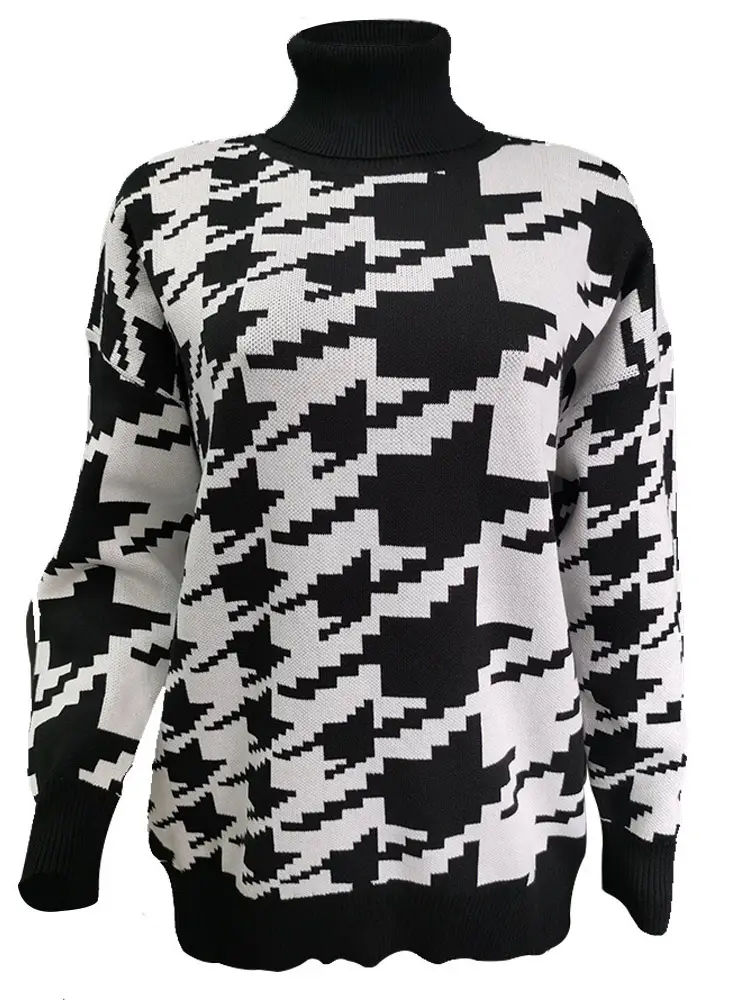 Houndstooth Print Knitted Sweater_5