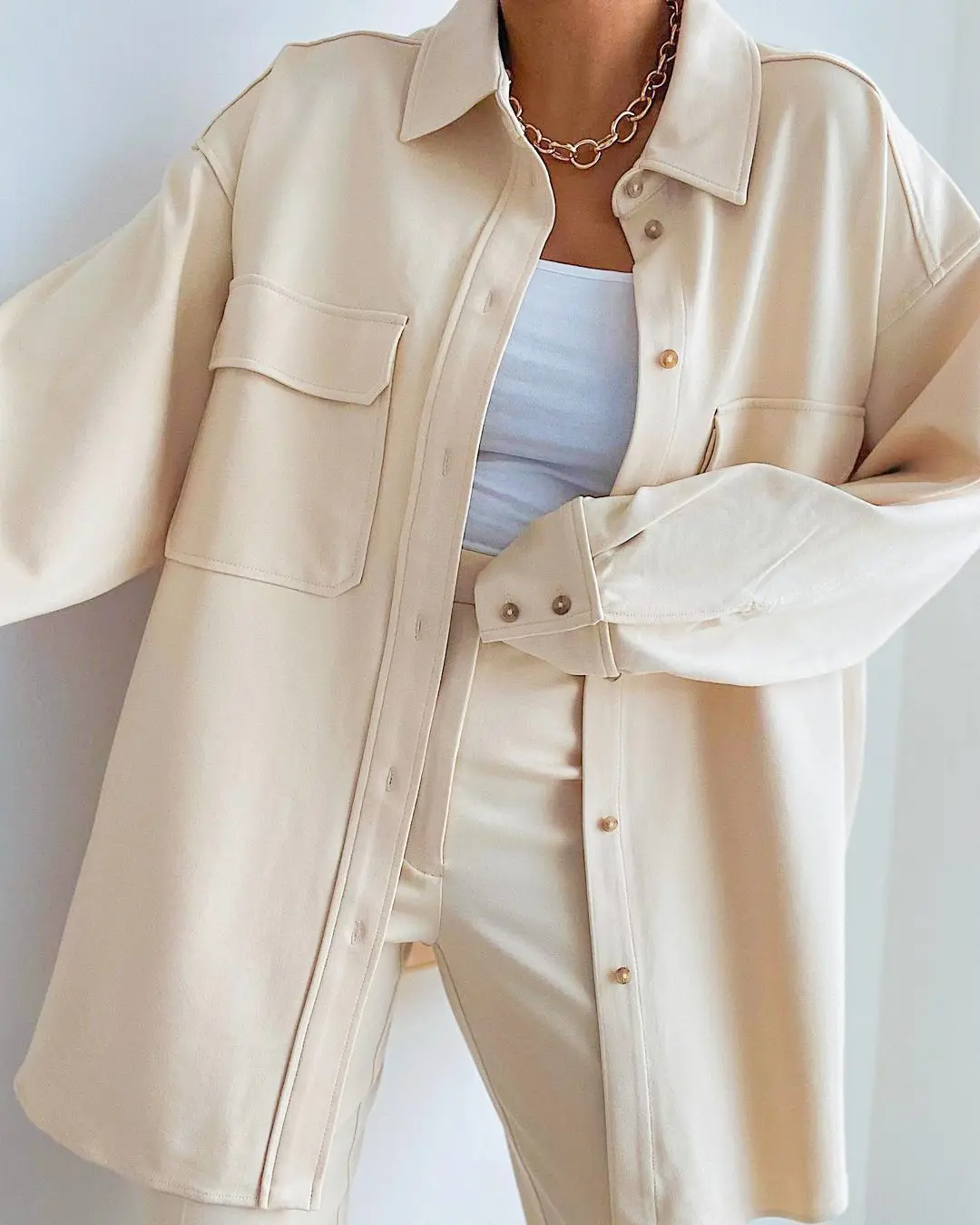 Classic Flap Pocket Button Up Blouse_2_Beige