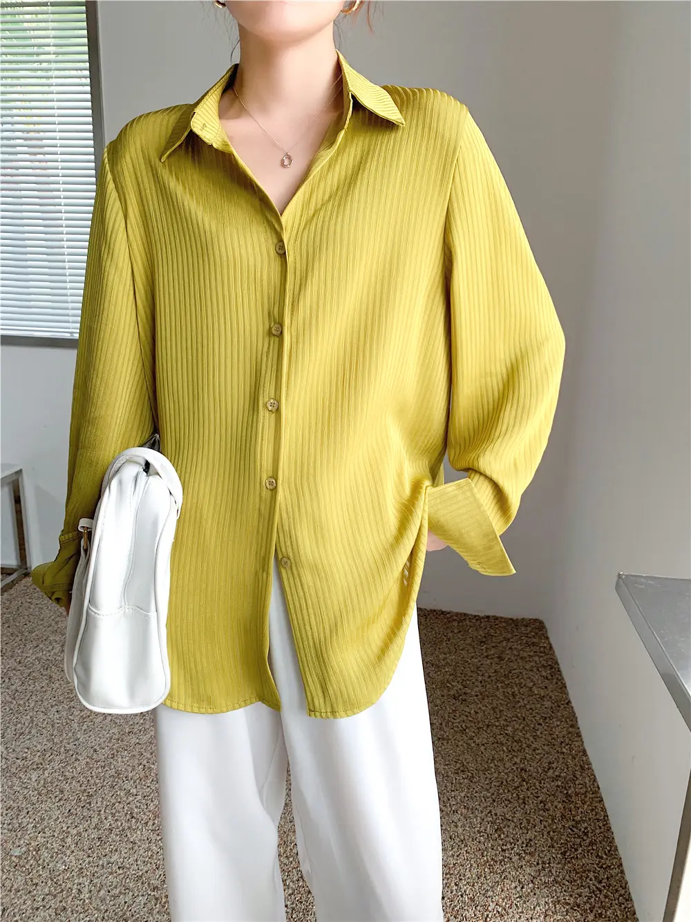 Vertical Striped Oversized Blouse_4_Yellow green
