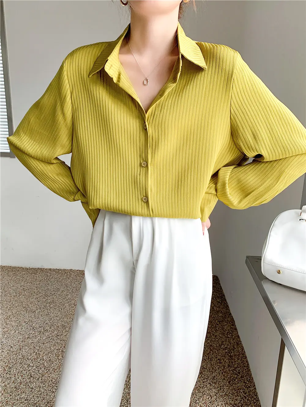 Vertical Striped Oversized Blouse_5_Yellow green