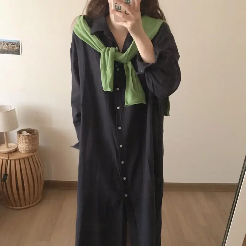 Women’s Basic Solid Loose Shirt Dress _5_Navy Blue