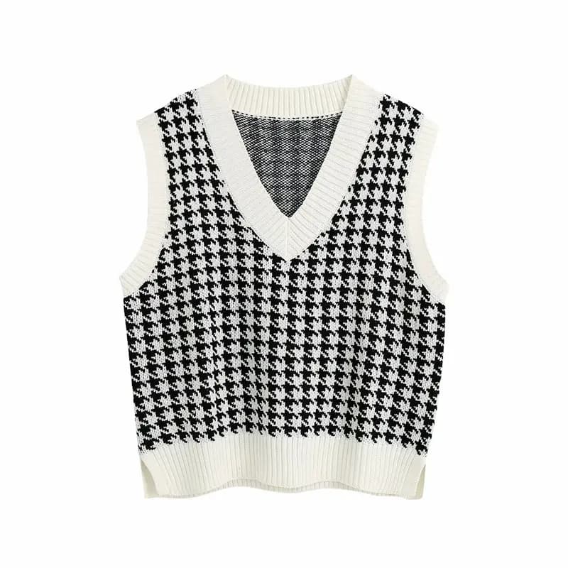 V-Neck Houndstooth Sweater Vest_Black