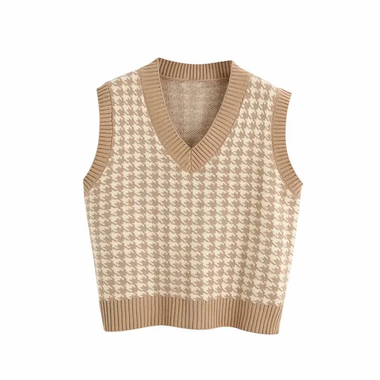 V-Neck Houndstooth Sweater Vest_Khaki
