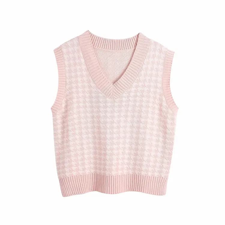 V-Neck Houndstooth Sweater Vest_Light pink