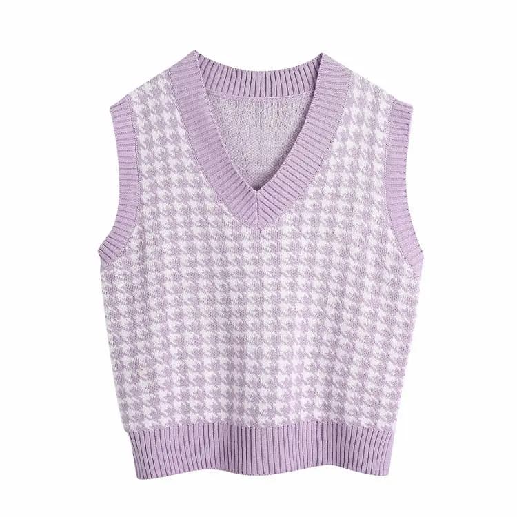 V-Neck Houndstooth Sweater Vest_Light Purple